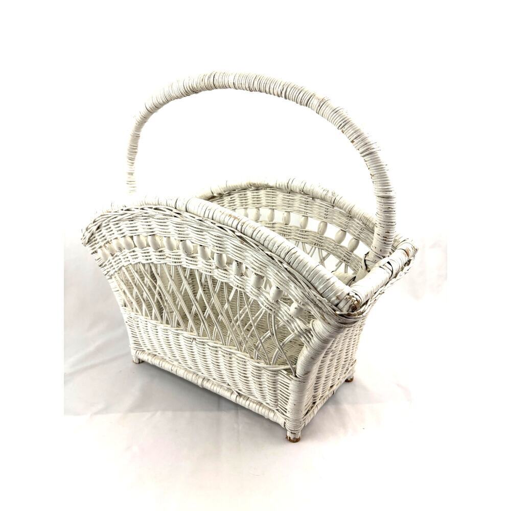Vintage White Wicker Magazine Basket Holder Wooden 19.5" 1960's Storage Rack